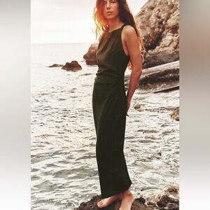 Zara Twisted Linen Blend Midi Dress in Olive Green